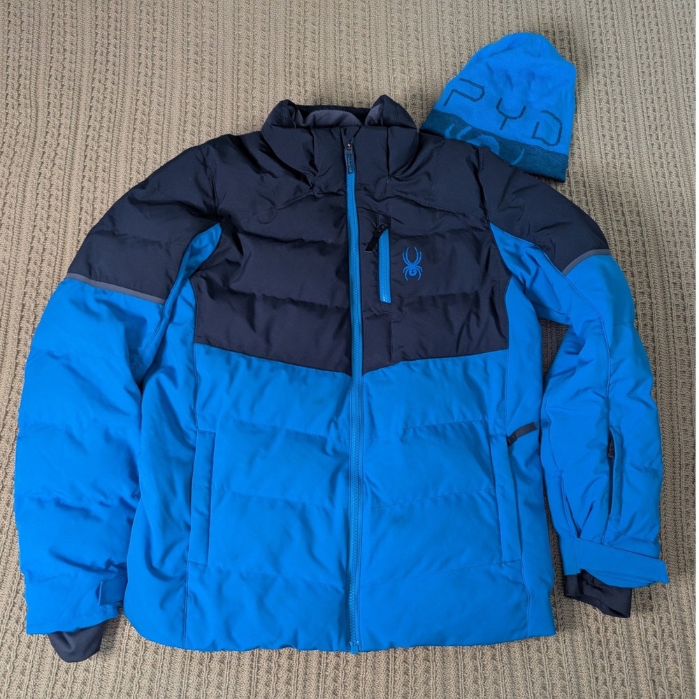 Spyder Impulse Synthetic Down Ski Jacket Boys 20 Blue Black with Beanie Set